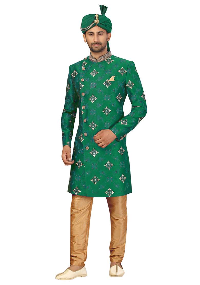 Green Embroidered Silk Blend Sherwani for Men - Indya