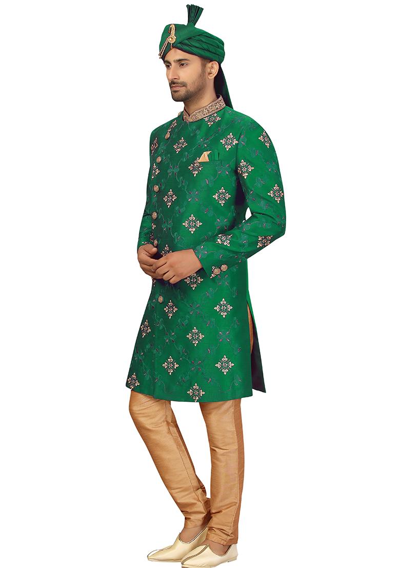 Green Embroidered Silk Sherwani for Men