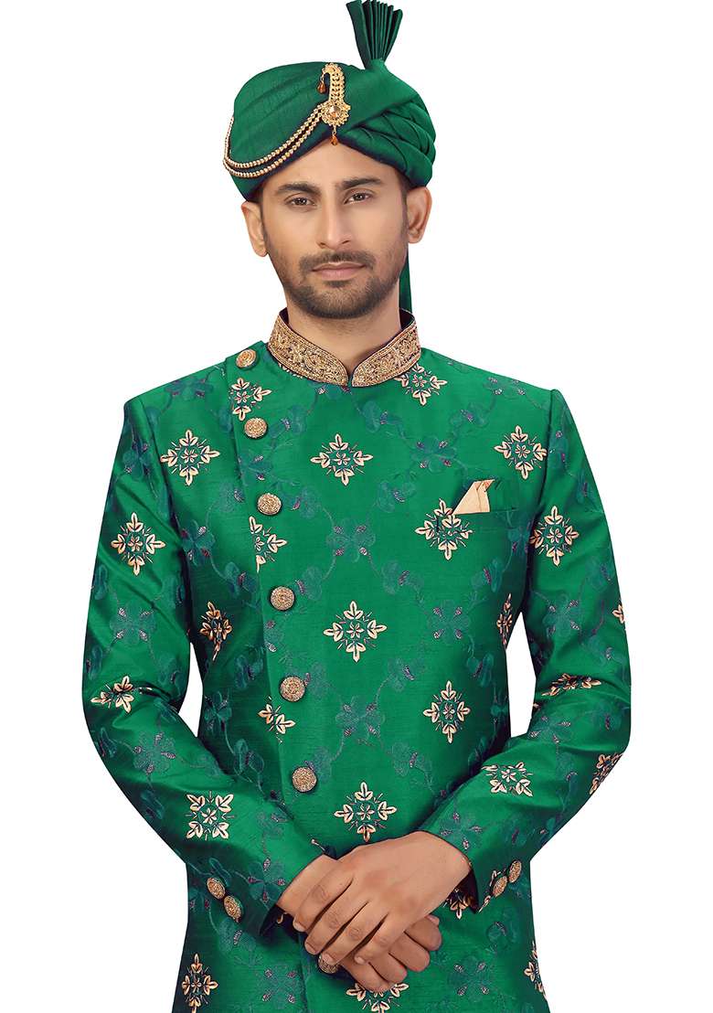 Green Embroidered Silk Blend Sherwani for Men - Indya