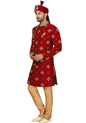 Maroon Embroidered Silk Sherwani for Men