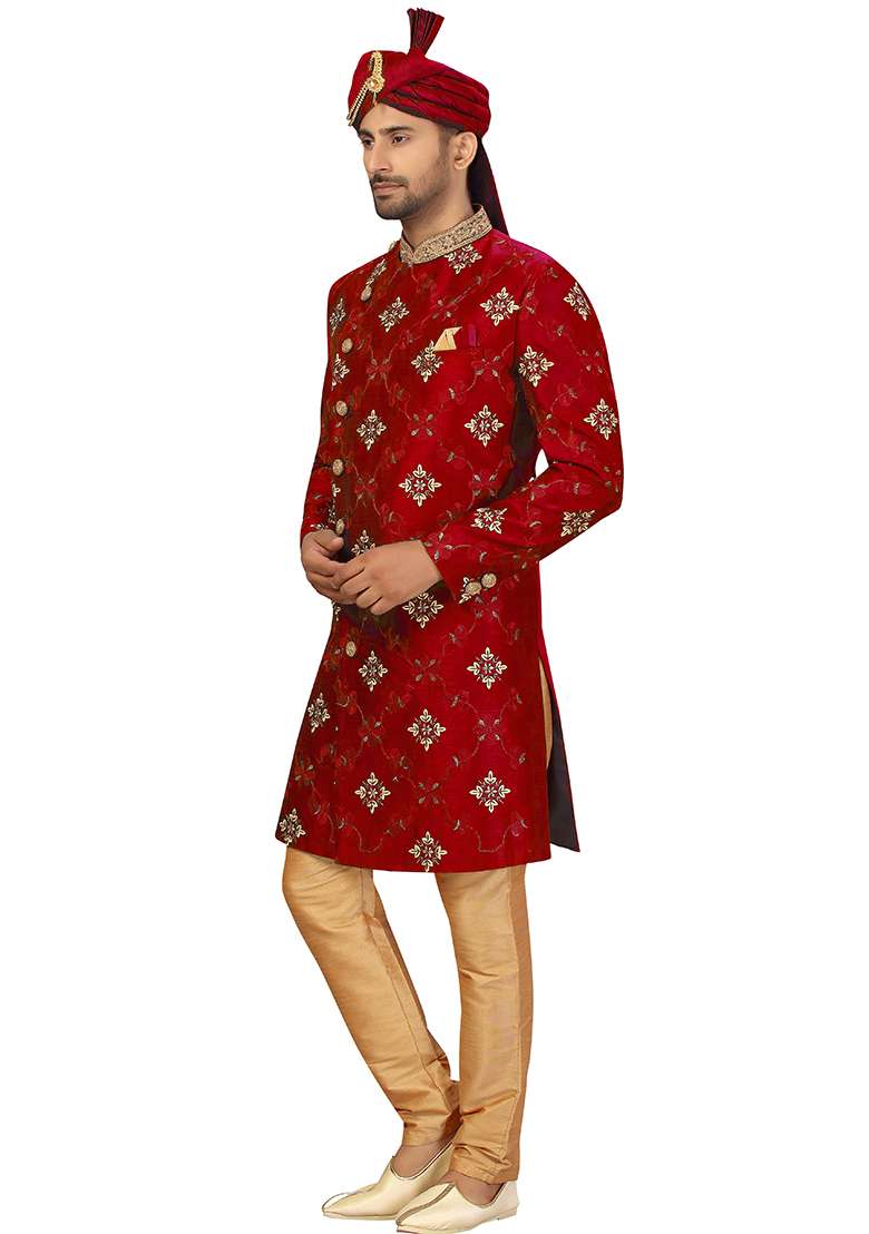 Maroon Embroidered Silk Blend Sherwani for Men - Indya