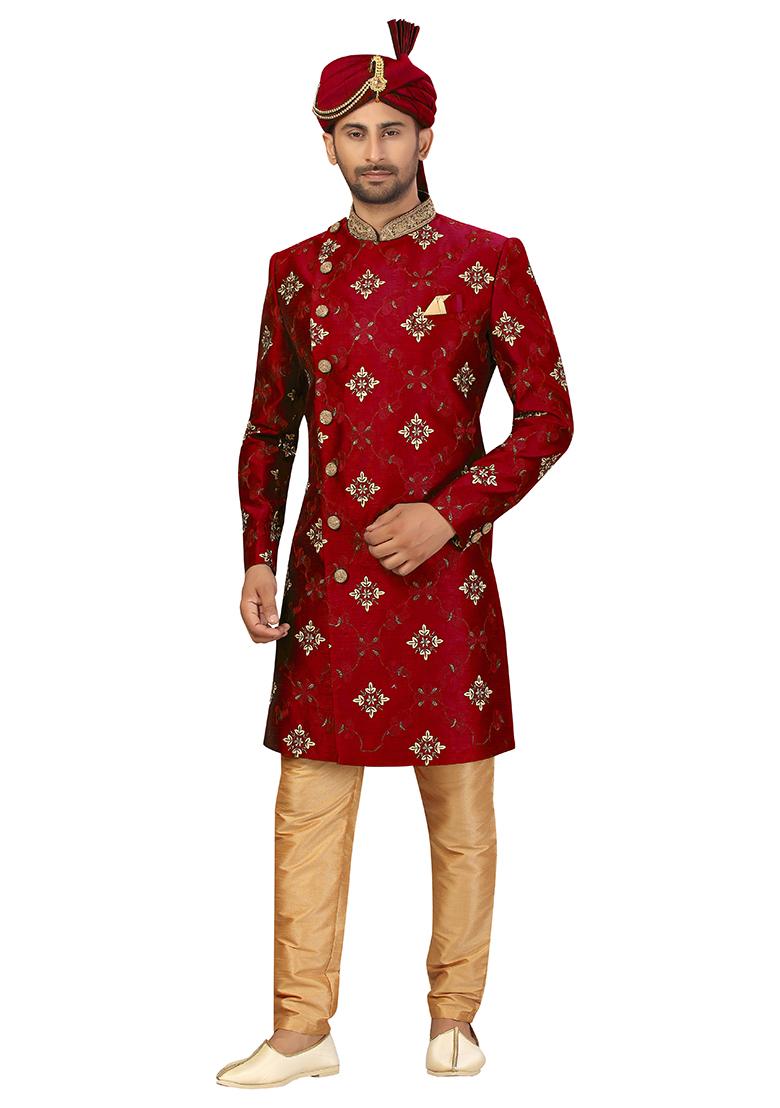Maroon Embroidered Silk Sherwani for Men