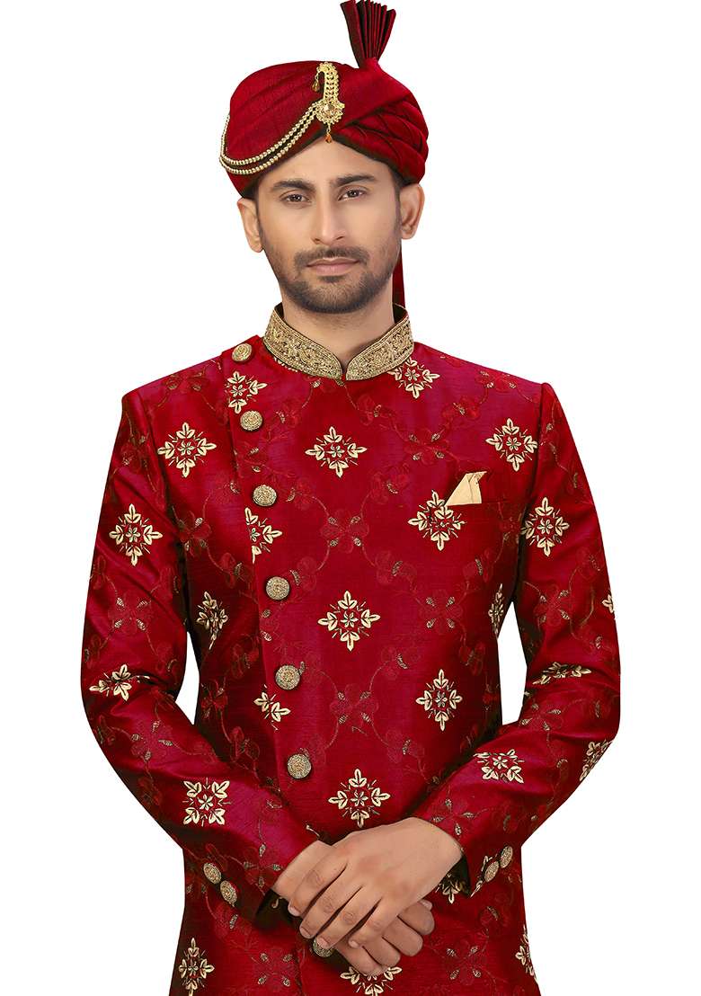 Maroon Embroidered Silk Blend Sherwani for Men - Indya