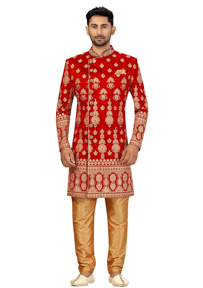 Maroon Embroidered Silk Blend Sherwani for Men - Indya