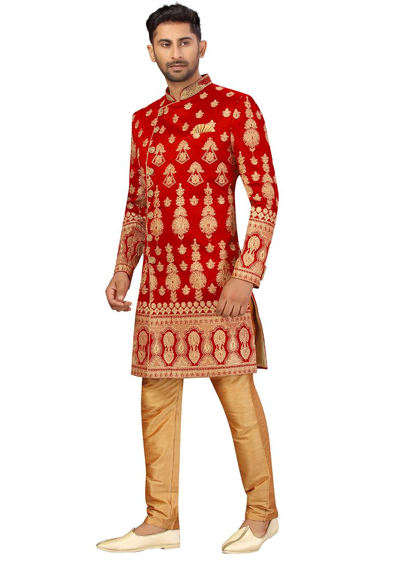 Maroon Embroidered Silk Sherwani for Men