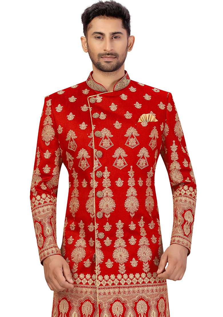 Maroon Embroidered Silk Blend Sherwani for Men - Indya