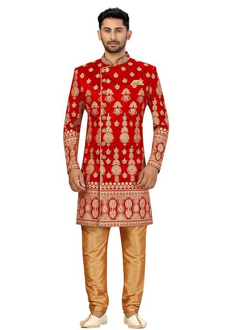 Maroon Embroidered Silk Blend Sherwani for Men