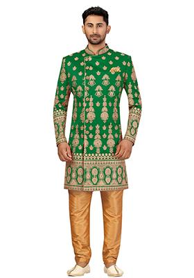 Green Embroidered Silk Sherwani for Men