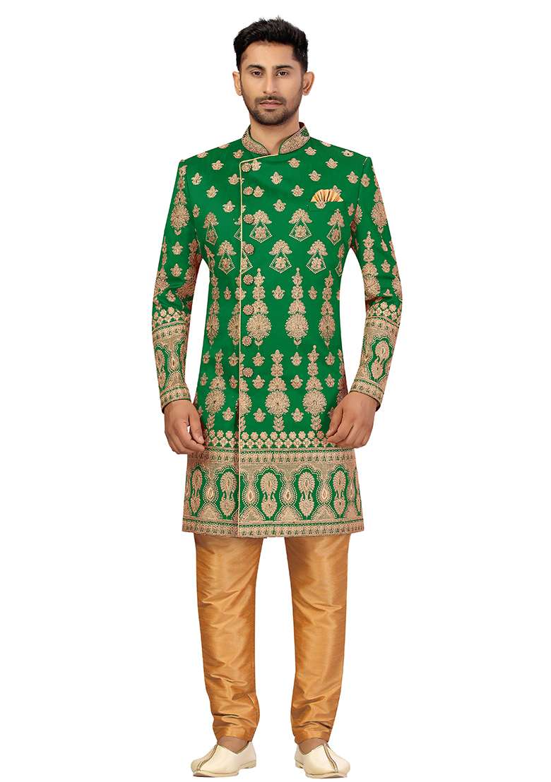 Green Embroidered Silk Blend Sherwani for Men - Indya