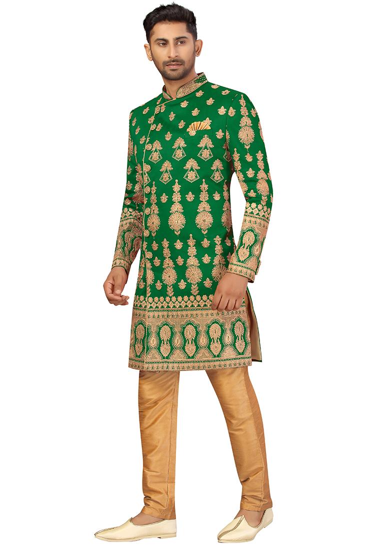 Green Embroidered Silk Sherwani for Men