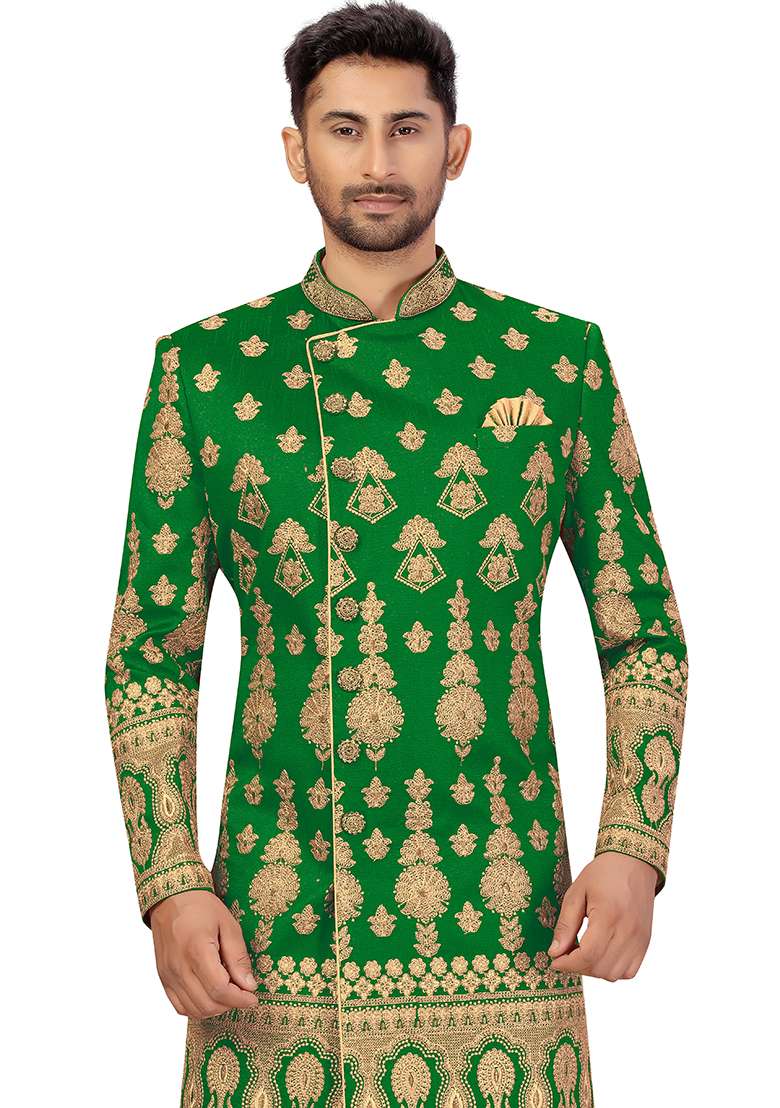 Green Embroidered Silk Blend Sherwani for Men - Indya