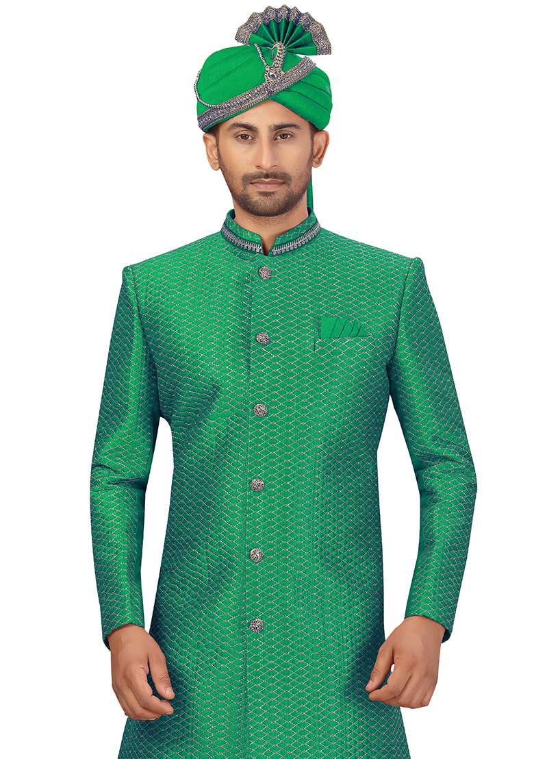 Green Embroidered Silk Blend Sherwani for Men - Indya