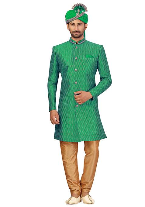 Green Embroidered Silk Blend Sherwani for Men