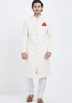 Cream Embroidered Cotton Sherwani for Men