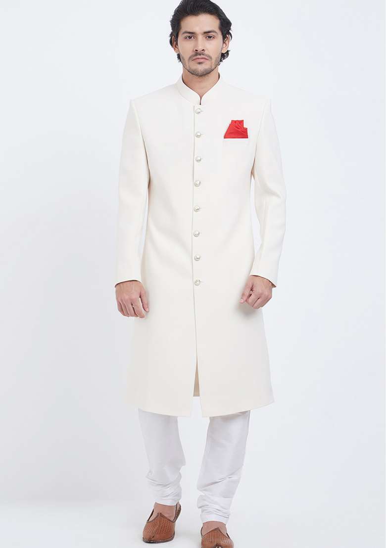 Cream Embroidered Cotton Sherwani for Men - Indya