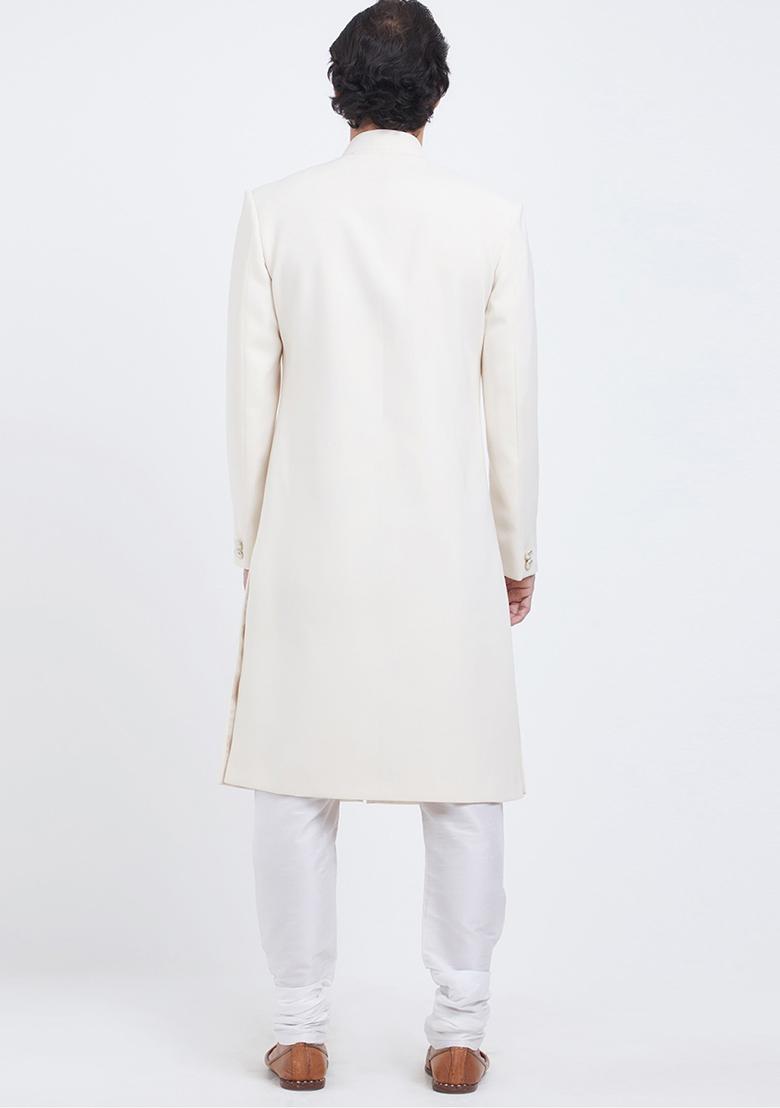 Cream Embroidered Cotton Sherwani for Men