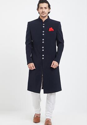 Navy Blue Embroidered Cotton Sherwani for Men