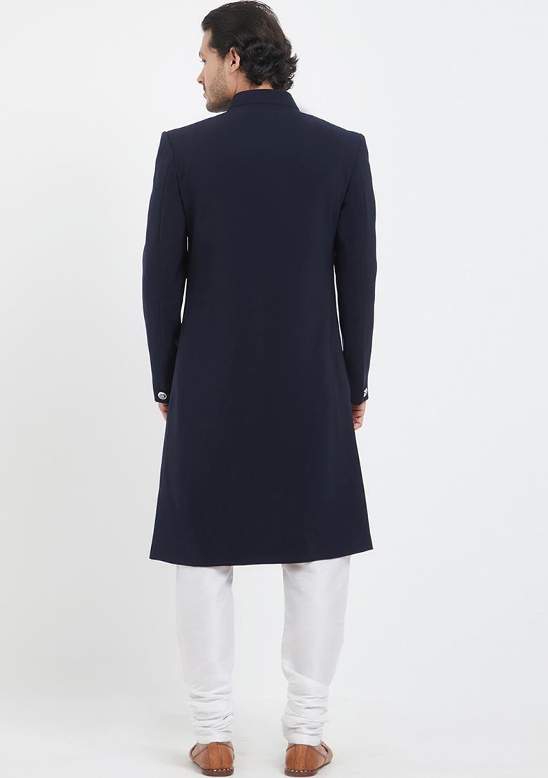 Navy Blue Embroidered Cotton Sherwani for Men