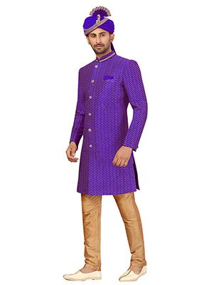 Royal Blue Embroidered Silk Sherwani for Men