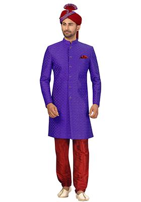 Royal Blue Embroidered Silk Sherwani for Men
