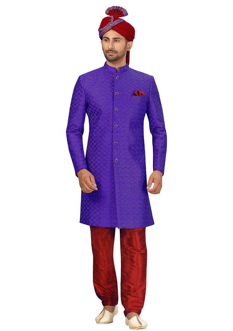 Royal Blue Embroidered Silk Blend Sherwani for Men - Indya