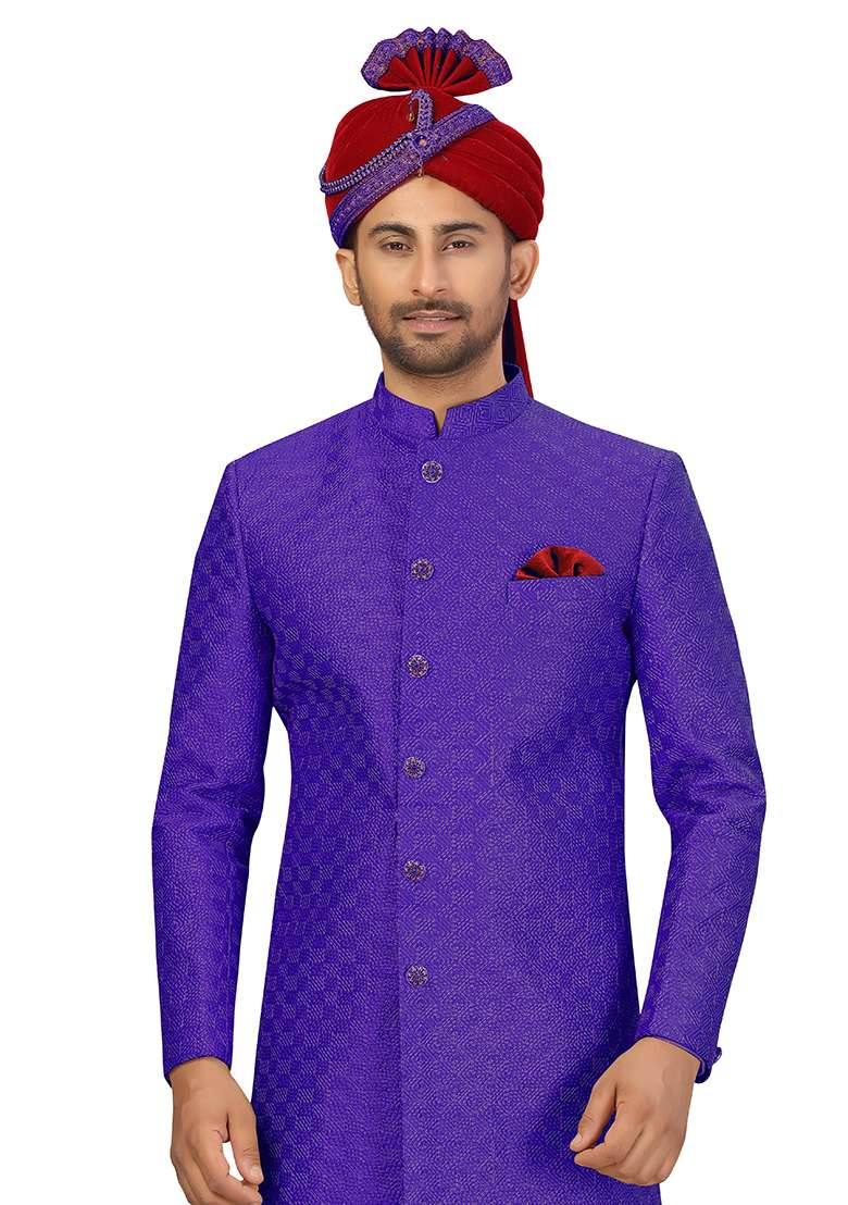 Royal Blue Embroidered Silk Blend Sherwani for Men - Indya