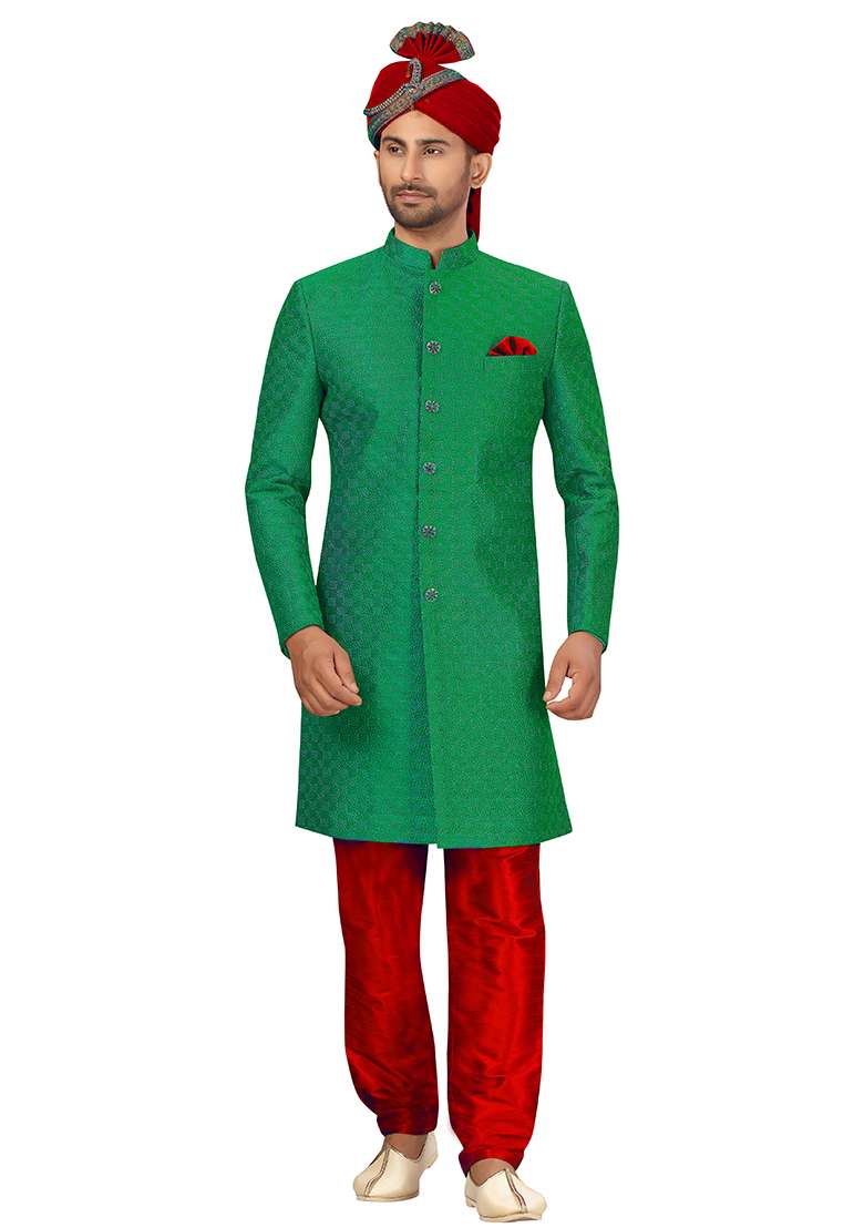 Green Embroidered Silk Blend Sherwani for Men - Indya