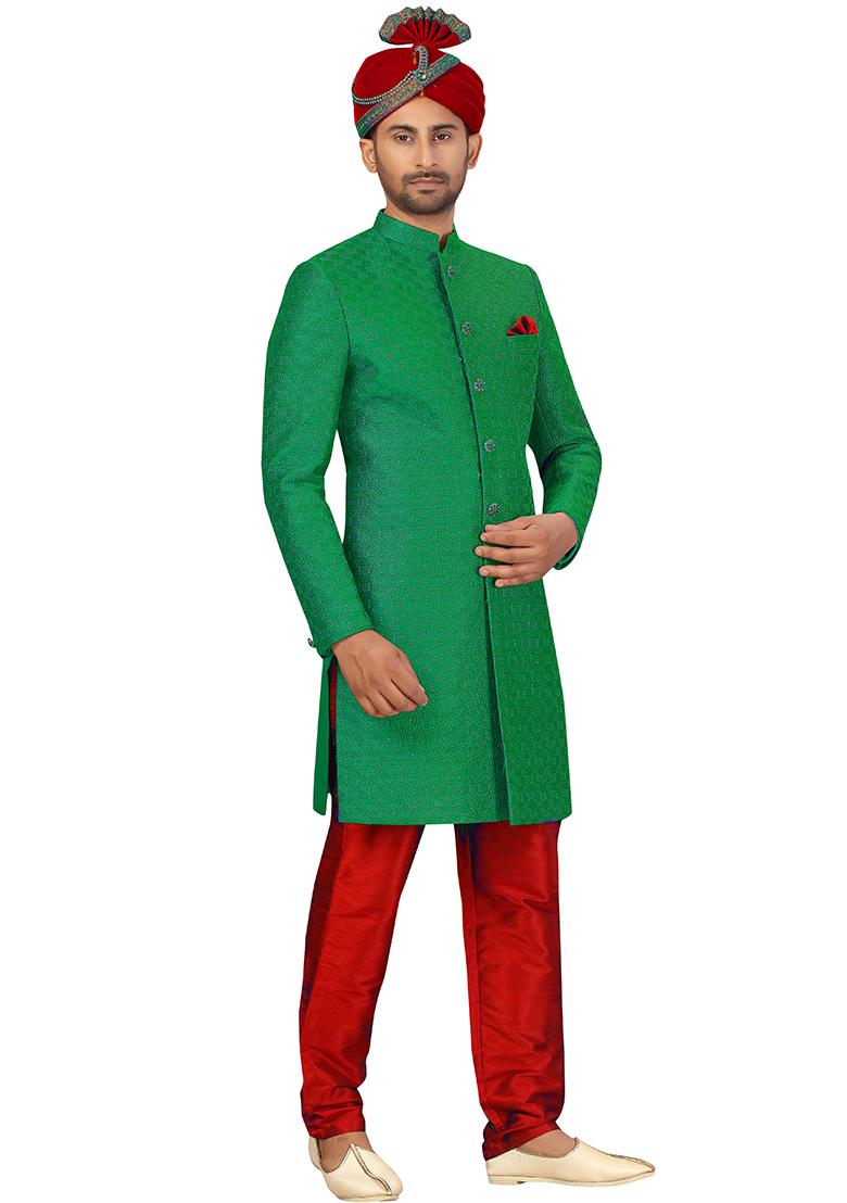 Green Embroidered Silk Sherwani for Men