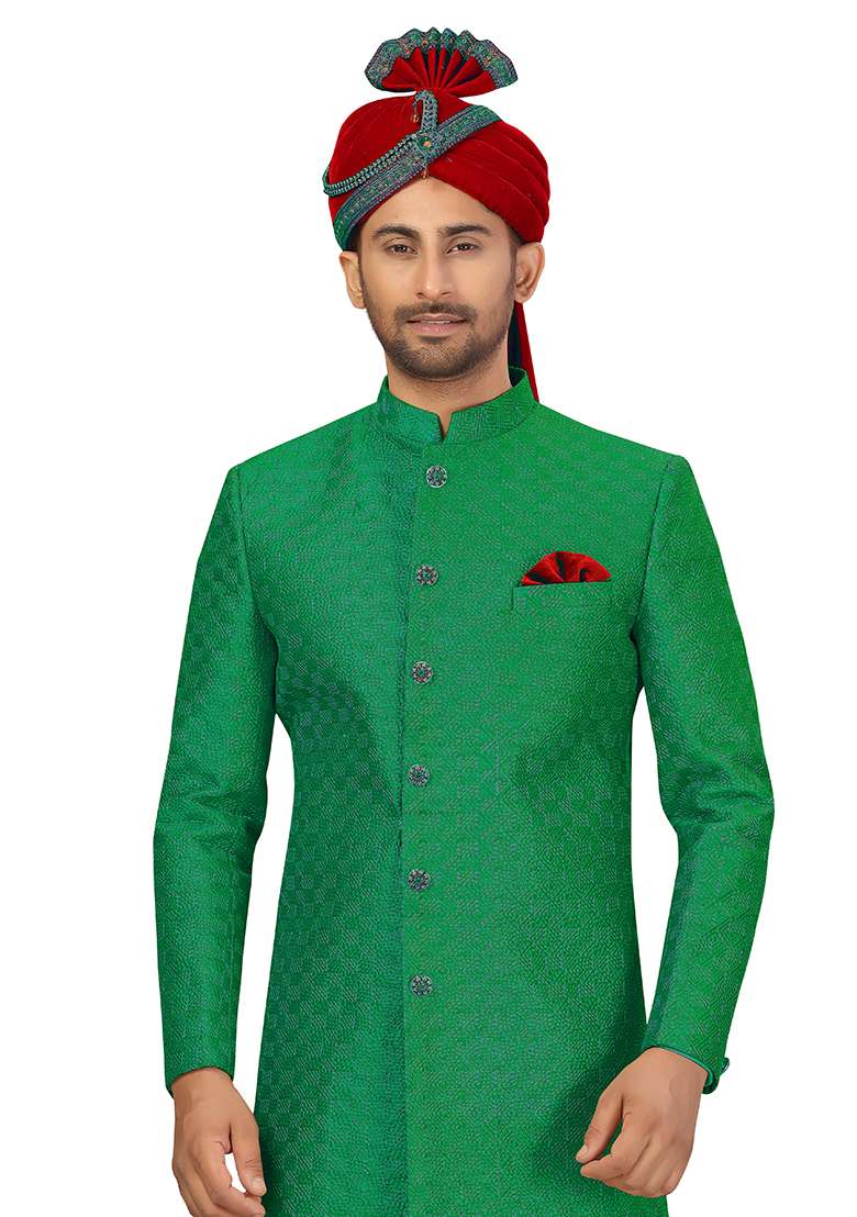 Green Embroidered Silk Blend Sherwani for Men - Indya