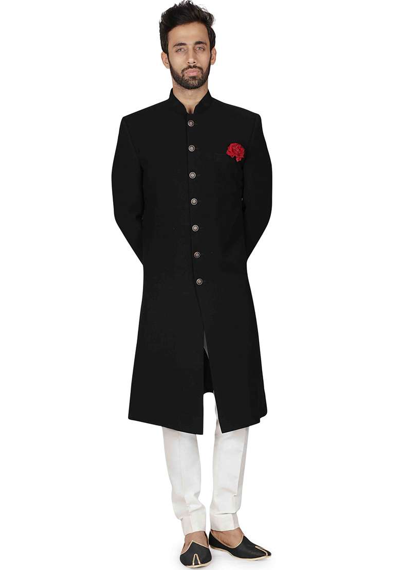 Black Embroidered Cotton Sherwani for Men - Indya