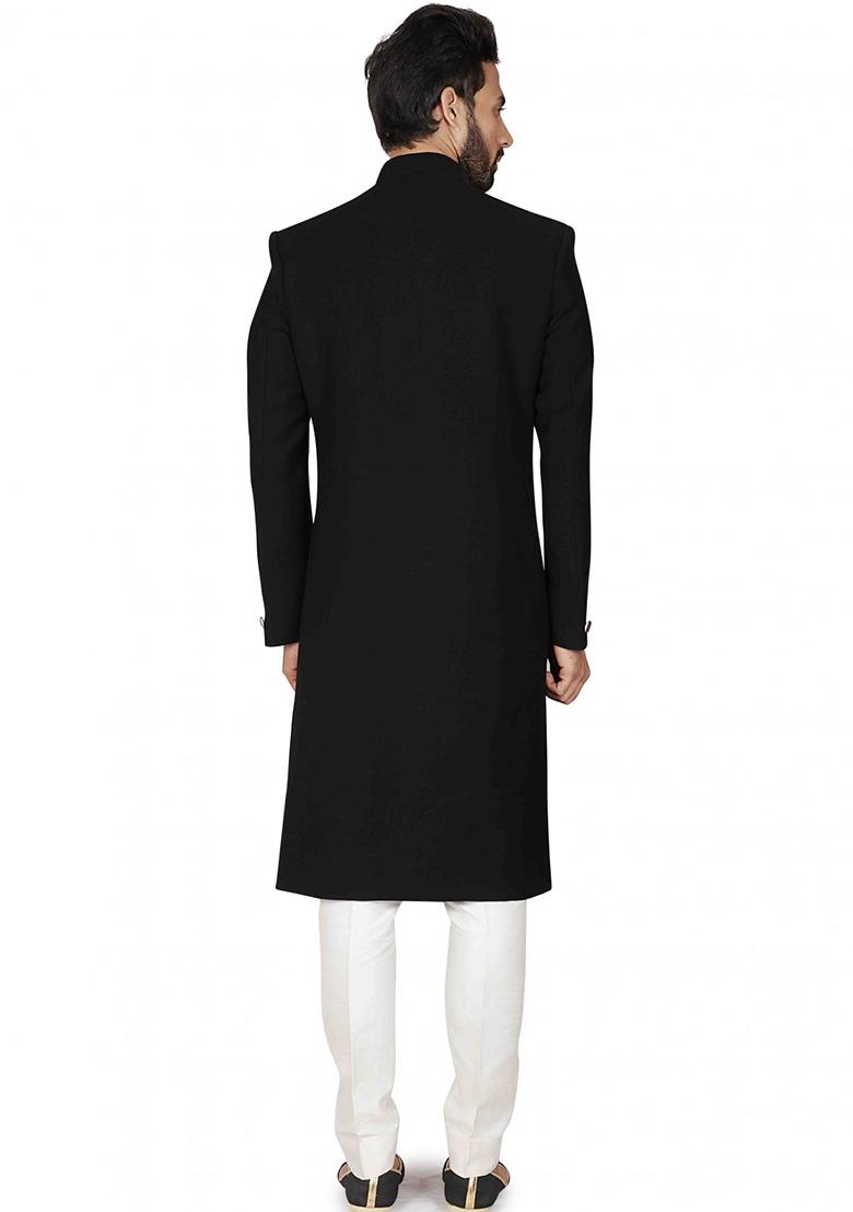 Black Embroidered Cotton Sherwani for Men