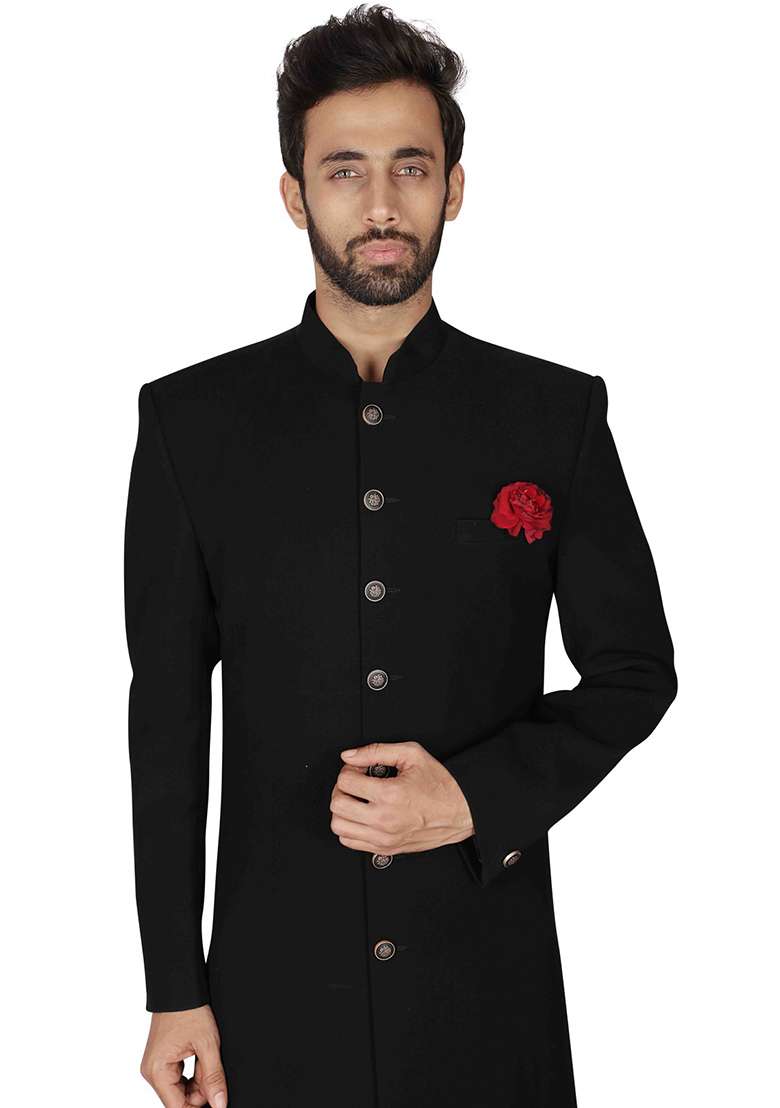 Black Embroidered Cotton Sherwani for Men - Indya
