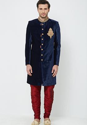 Navy Blue Embroidered Velvet Sherwani for Men