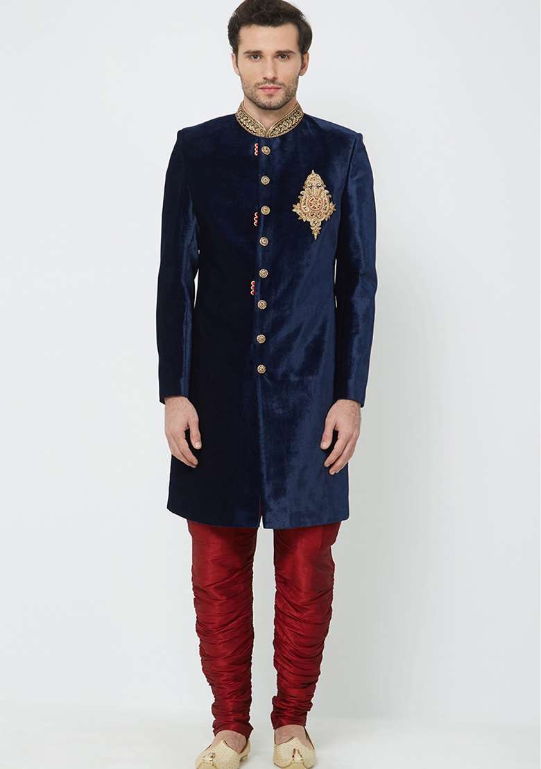 Navy Blue Embroidered Velvet Sherwani for Men - Indya