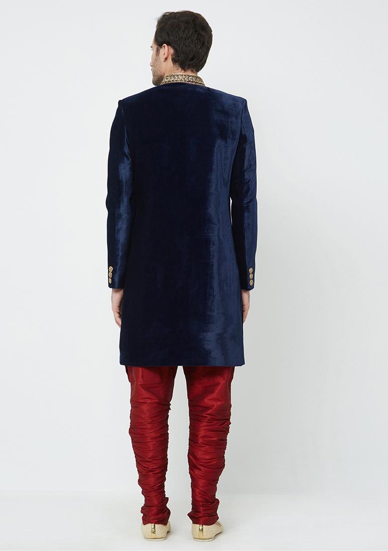 Navy Blue Embroidered Velvet Sherwani for Men