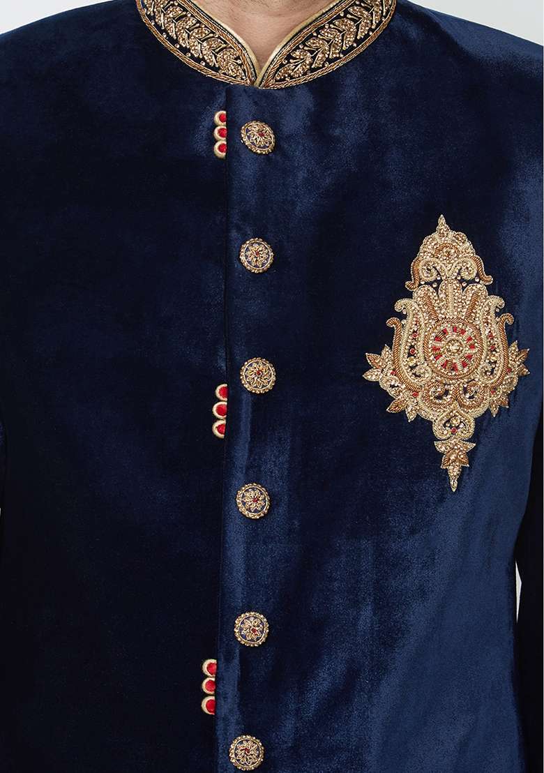 Navy Blue Embroidered Velvet Sherwani for Men - Indya