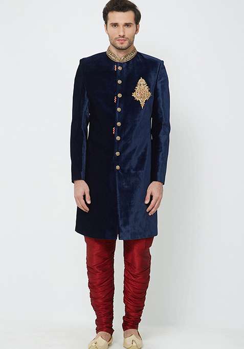 Navy Blue Embroidered Velvet Sherwani for Men