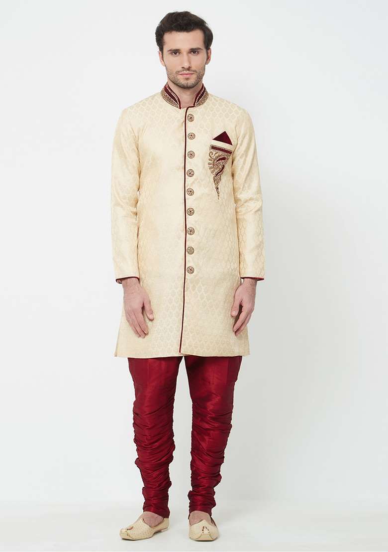 Cream Embroidered Brocade Sherwani for Men - Indya