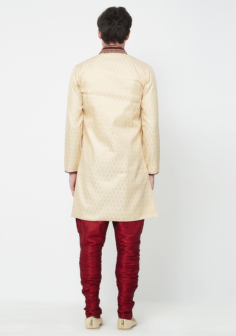 Cream Embroidered Brocade Sherwani for Men