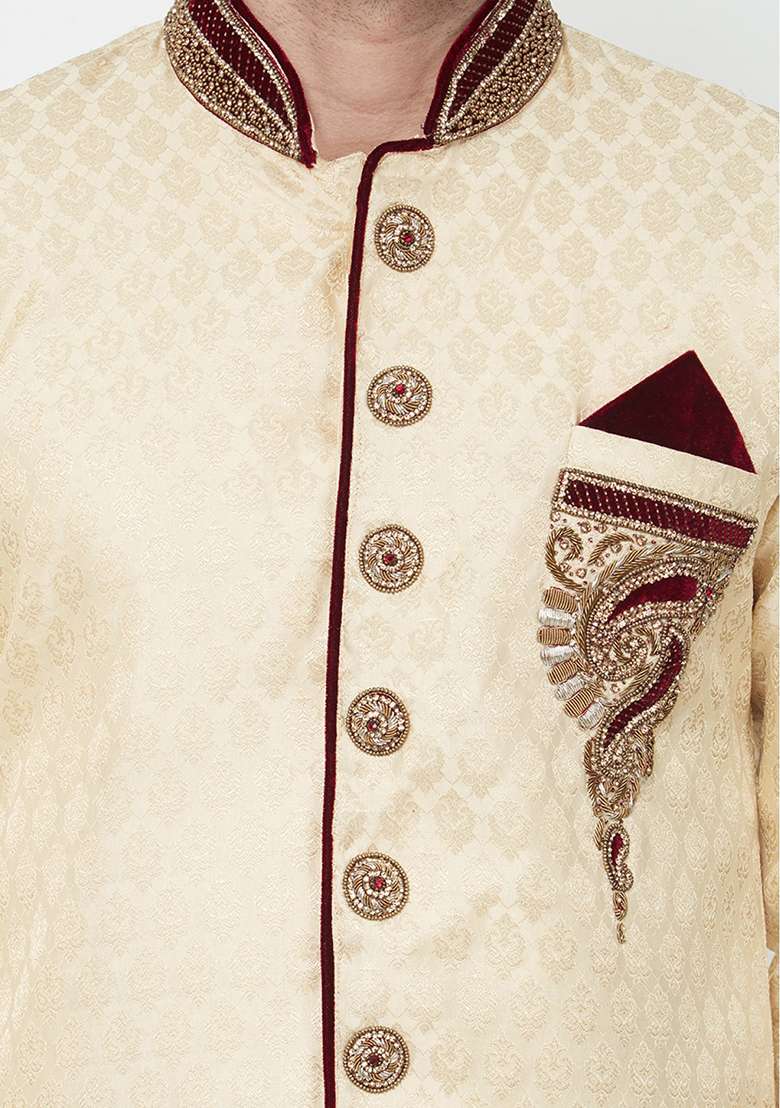 Cream Embroidered Brocade Sherwani for Men - Indya