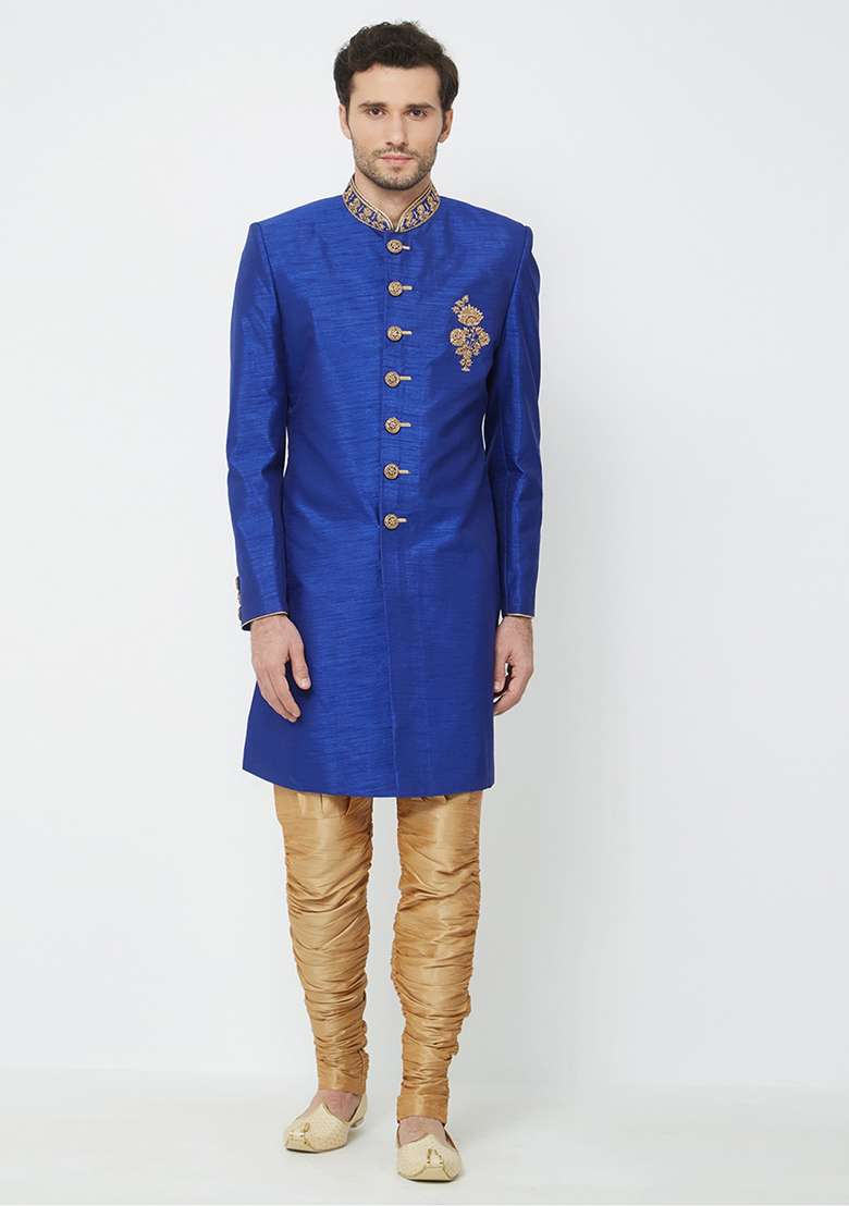 Royal Blue Embroidered Silk Blend Sherwani for Men - Indya