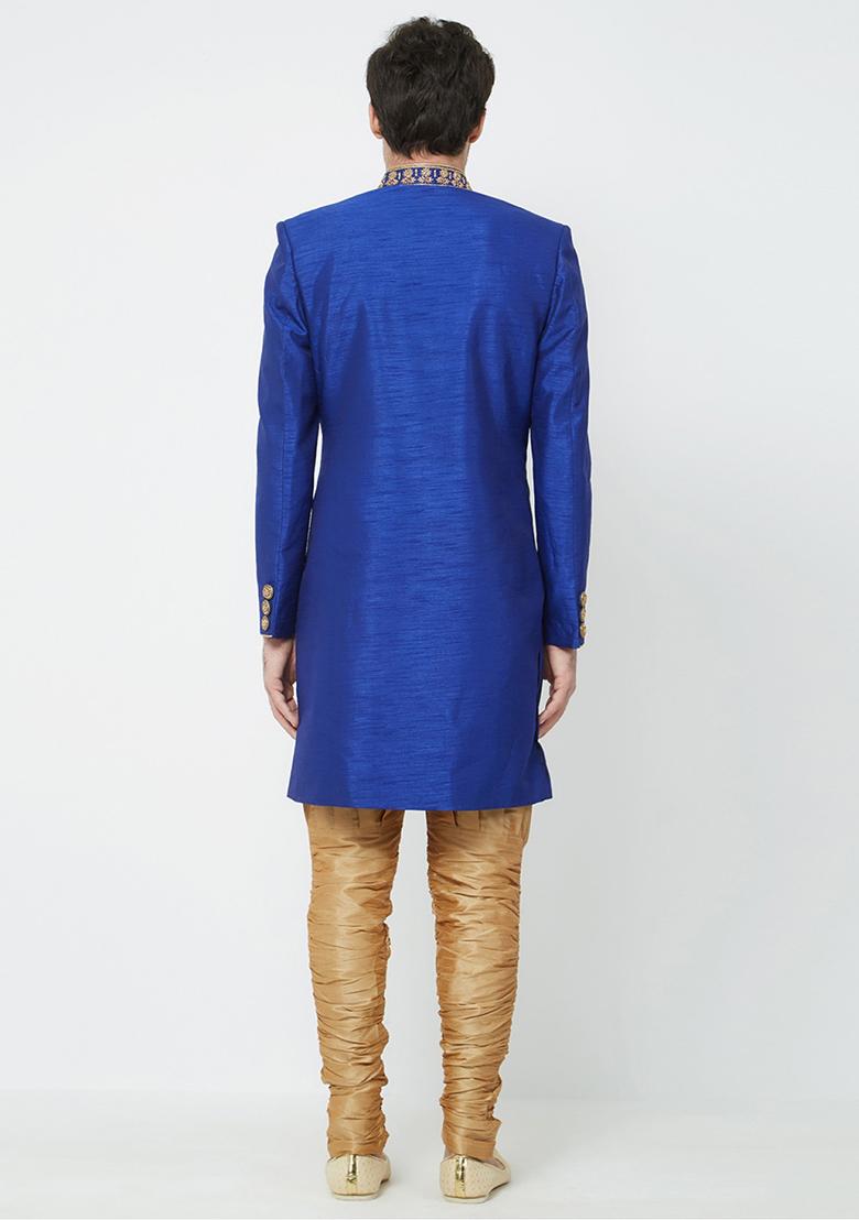 Royal Blue Embroidered Silk Sherwani for Men