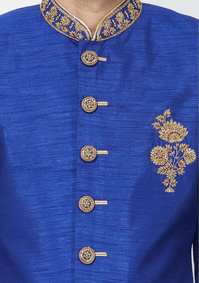 Royal Blue Embroidered Silk Blend Sherwani for Men - Indya
