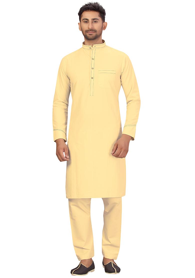 Lemon Cream Embroidered Cotton Kurta Set For Men