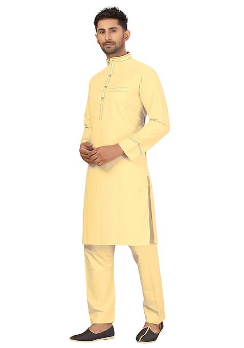 Lemon Cream Embroidered Cotton Kurta Set For Men