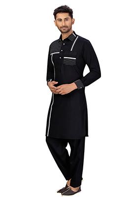 Black Embroidered Cotton Kurta Set For Men