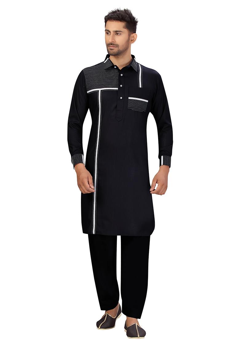 Black Embroidered Cotton Kurta Set For Men