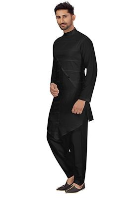 Black Embroidered Cotton Kurta Set For Men