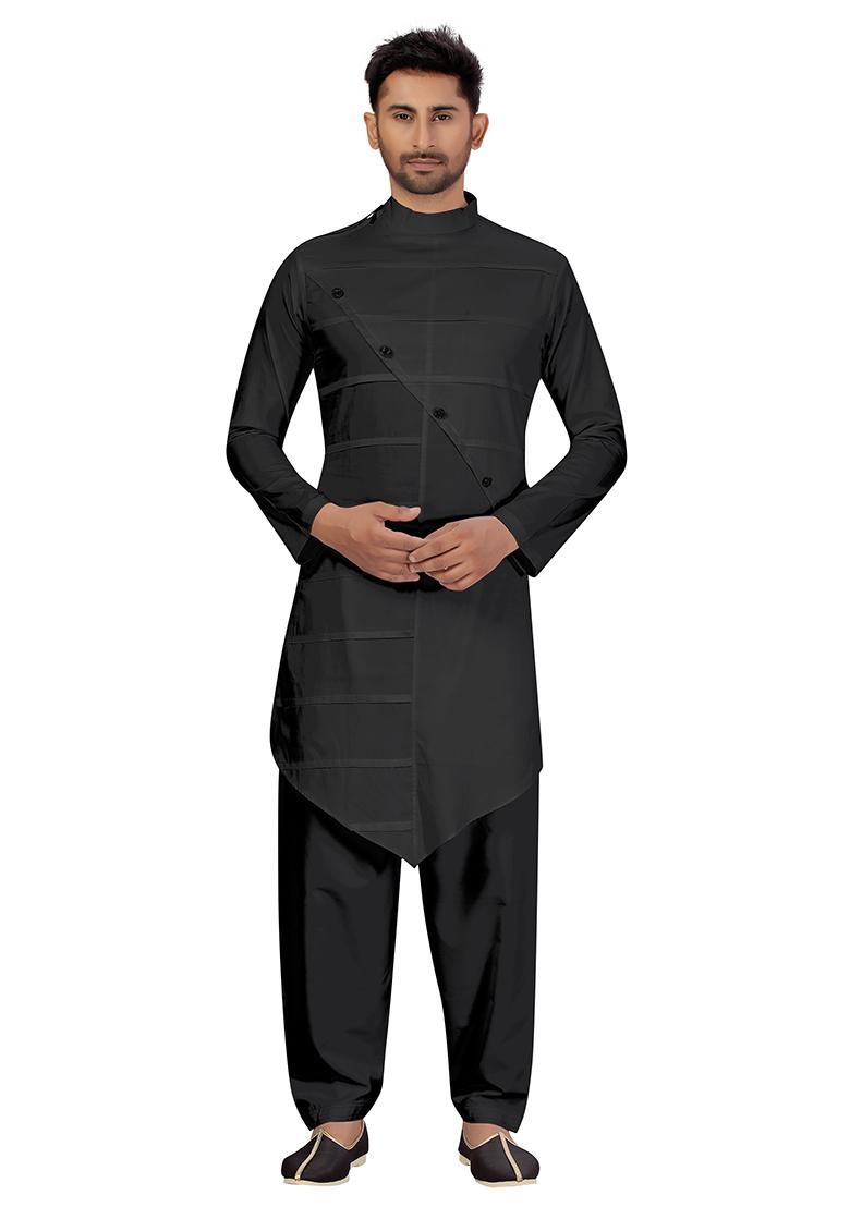 Black Embroidered Cotton Kurta Set For Men