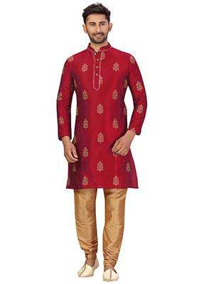 Maroon Embroidered Silk Kurta Set For Men